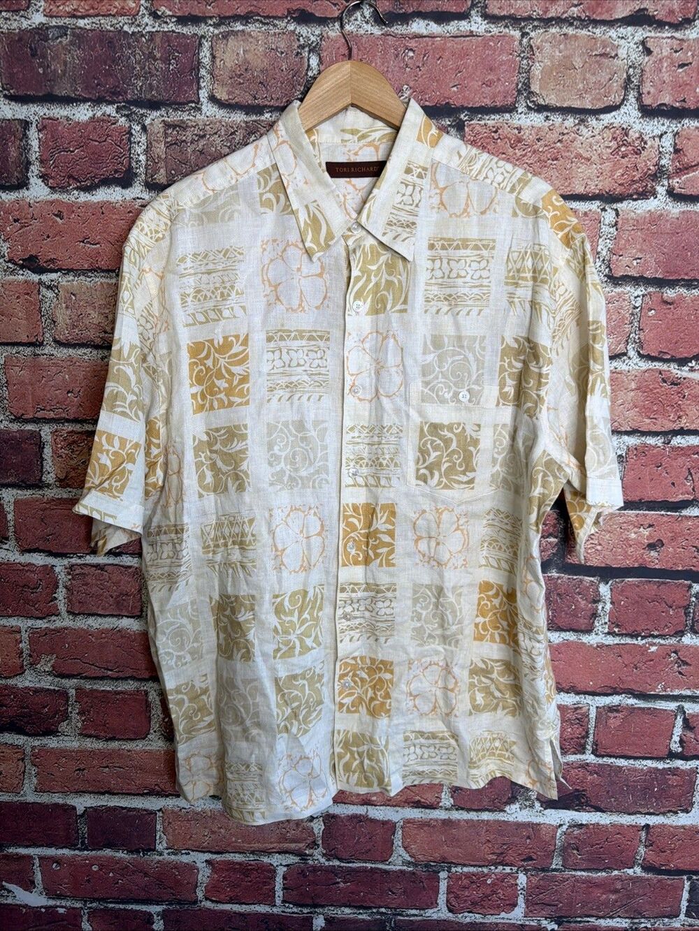 Tori Richard Beige Mens XL Hawaiian Shirt Tropical Linen